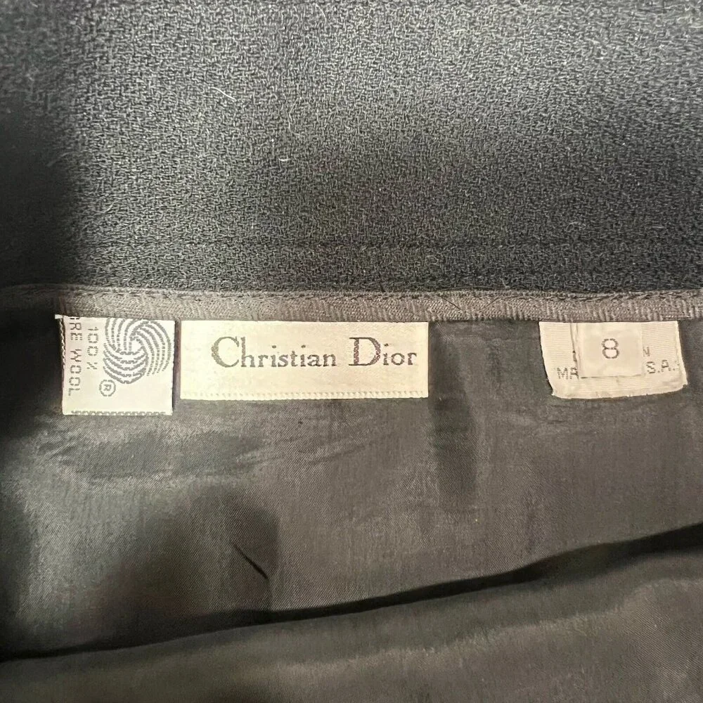 Vintage Christian Dior Suit 2 Pc Jacket & Wrap Skirt Black Size 8 100% Wool USA